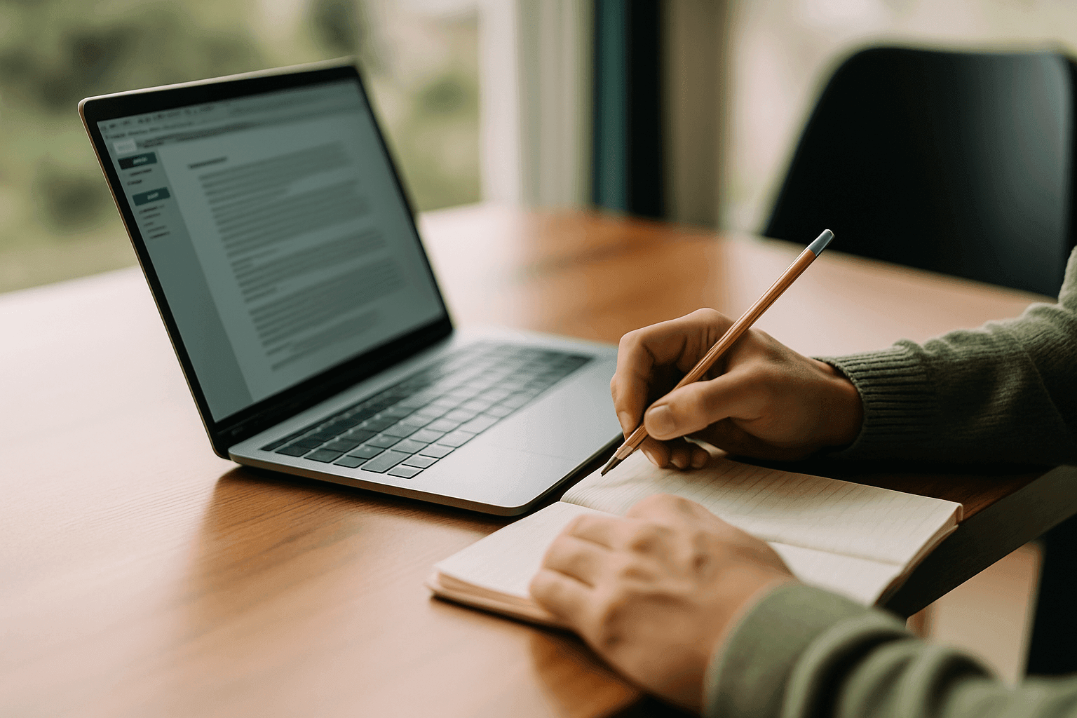 Persoon schrijft in notitieboek naast laptop – online coaching en persoonlijke reflectie.